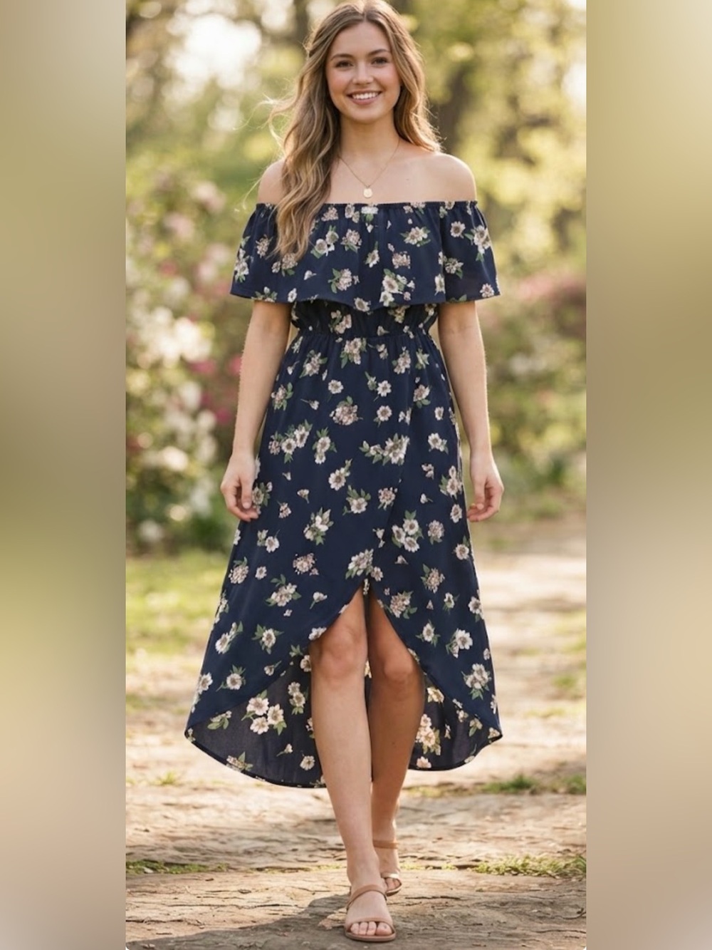 Soprano Navy Floral Off-Shoulder Midi Dress